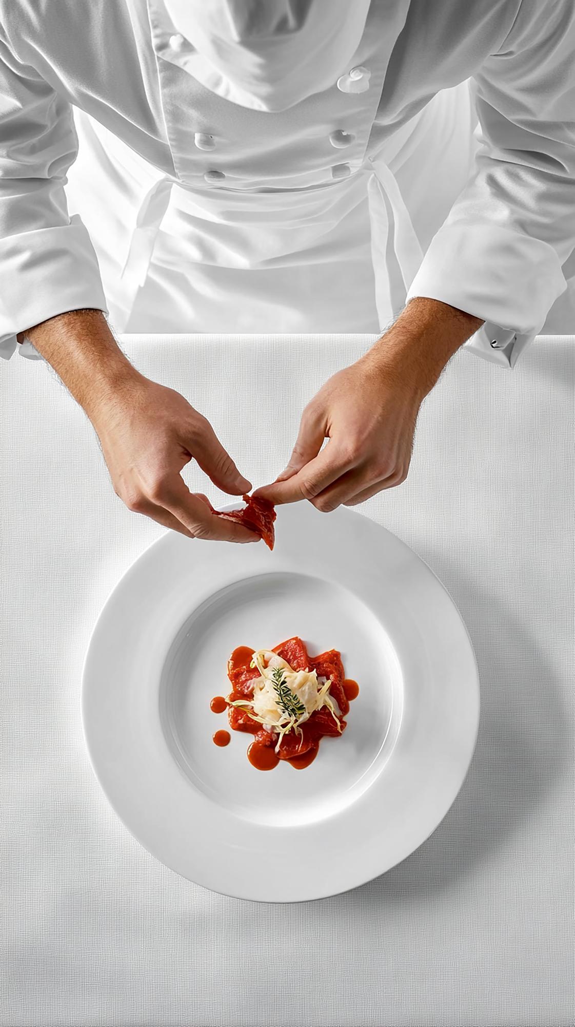 Chef prepara un piatto elegante in cucina moderna